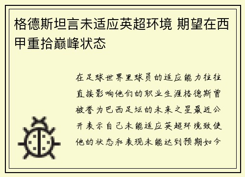 格德斯坦言未适应英超环境 期望在西甲重拾巅峰状态